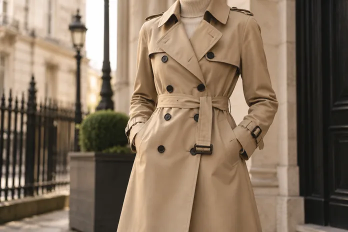 Classic beige trench coat with belt and double-breasted detailing