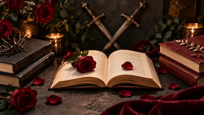 Open romance book with red roses and crossed swords representing enemies-to-lovers stories