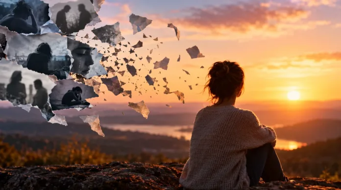 A woman sits on a rocky ledge at sunset, looking over a glowing landscape as torn black-and-white memory fragments drift away in the wind, symbolising healing, release, and letting go of the past.