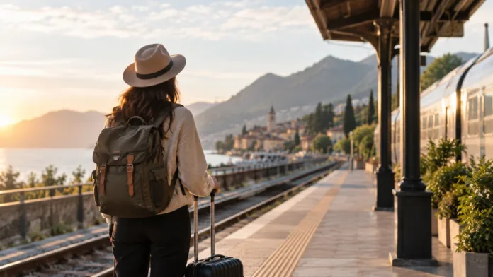 Solo traveller waiting at a train station with a backpack and suitcase