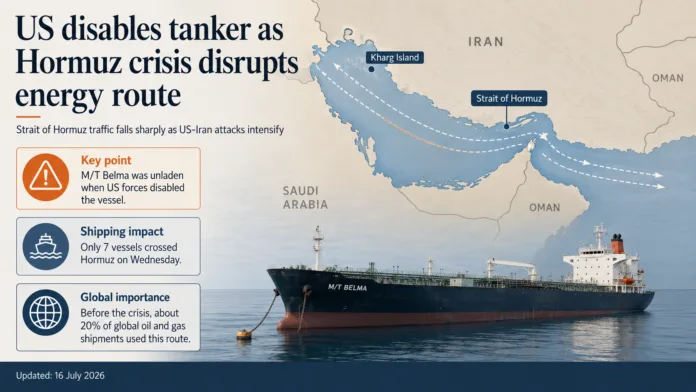 An illustrative image showing the Strait of Hormuz crisis after US forces disabled a tanker heading towards Iran’s Kharg Island oil terminal.