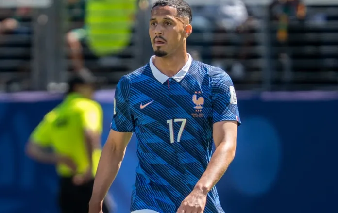 William Saliba of France during a FIFA World Cup match before the Arsenal defender was ruled out with a back injury