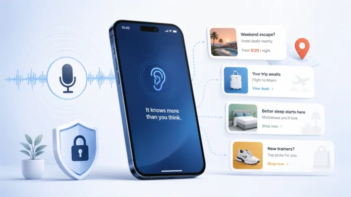 A conceptual illustration of a smartphone appearing to listen to its surroundings. A microphone icon and sound waves sit on the left, while the phone displays an ear symbol and the words “It knows more than you think