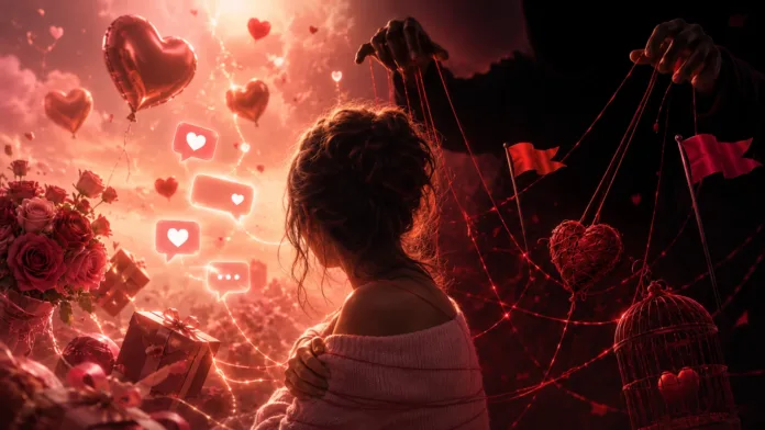 Love bombing illustrated by romantic gifts and affection turning into manipulation, control and red flags.