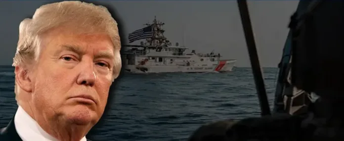 Donald Trump pictured alongside a US Coast Guard vessel amid the escalating Gulf conflict as the US launches a seventh consecutive night of strikes on Iran.