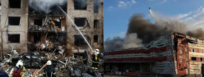 Firefighters respond to a damaged apartment building and a burning commercial building after a Russian missile attack on Ukrainian cities.