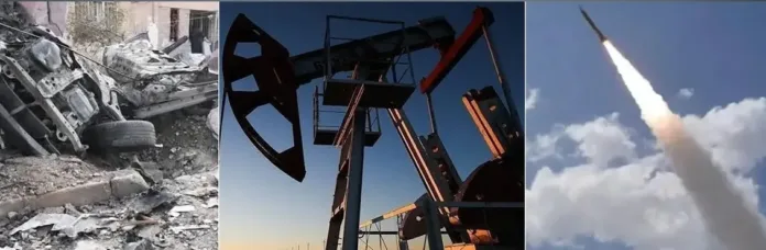 Collage showing destruction from conflict, an oil pumpjack, and a missile launch during the Iran US strikes, highlighting military escalation and energy market concerns.