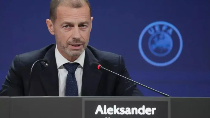 UEFA President Aleksander Čeferin speaks at a press conference as the World Cup boycott dispute with FIFA escalates.