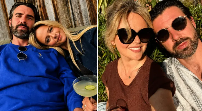 Emily Atack and Alistair Garner Editorial Image Emily Atack and Alistair Garner pictured together in an editorial-style image for coverage of their wedding.
