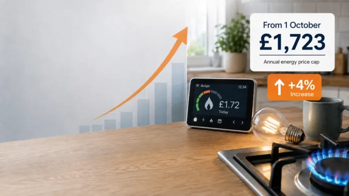 Illustration of rising household energy costs in Great Britain, showing a smart energy meter, gas flame and light bulb alongside the new £1,723 annualised Ofgem energy price cap from 1 October 2026.