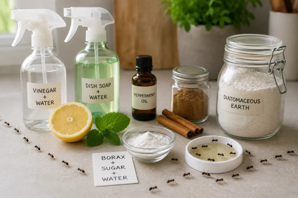 Natural home remedies for ants including vinegar, washing-up liquid, peppermint oil, lemon, cinnamon, diatomaceous earth and ant bait.