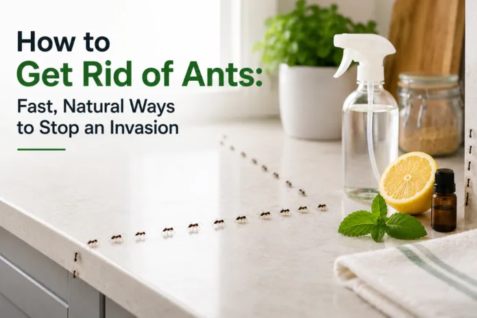 How to get rid of ants naturally, showing an ant trail on a kitchen worktop alongside vinegar spray, lemon and peppermint.