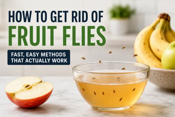 Flies accumulating on different types fruit and the text says 