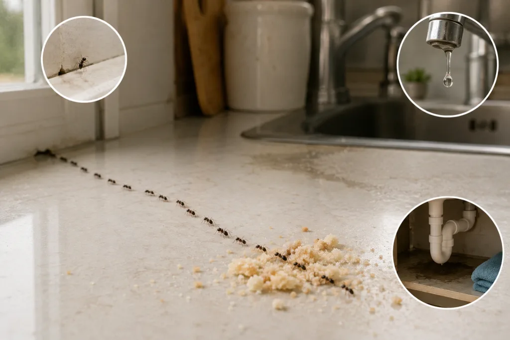 Ants entering a house through a small gap and following a trail towards food, with dripping water and damp areas also attracting them.