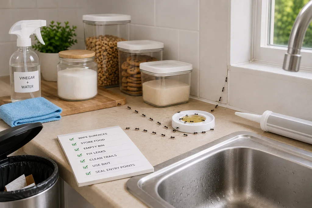 How to get rid of ants in the kitchen using ant bait, sealed food containers, cleaned surfaces and sealed entry points.