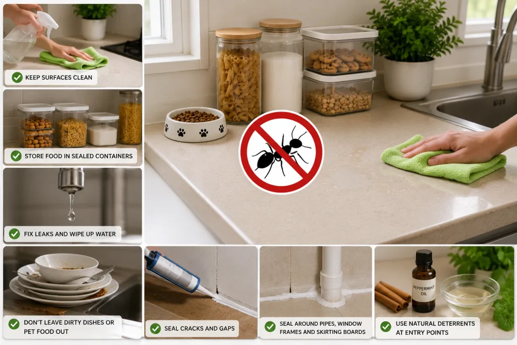 How to stop ants coming back by keeping surfaces clean, sealing food, fixing leaks, removing dirty dishes, sealing entry gaps and using natural deterrents.