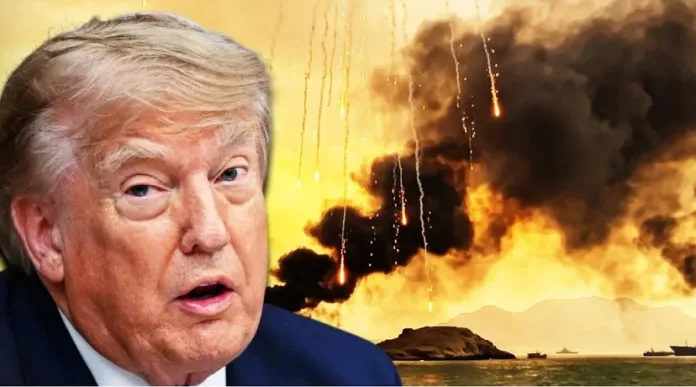 Donald Trump shown alongside an illustration of explosions and smoke as Hormuz oil prices fall amid Strait of Hormuz tensions.