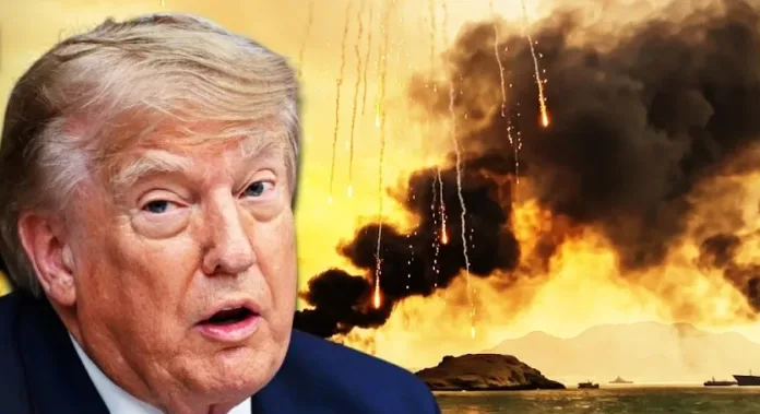 Donald Trump pictured as explosions rise over the Strait of Hormuz amid the proposed Hormuz shipping deal.