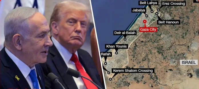Donald Trump and Benjamin Netanyahu pictured alongside a map of Gaza as discussions continue over the Gaza peace plan.
