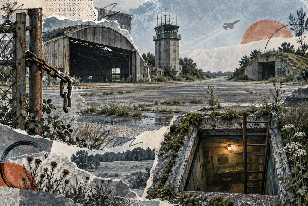 Collage of abandoned places left by the military: a chained perimeter fence, a derelict hangar and control tower on a cracked runway, a grassed-over hardened aircraft shelter, a jet in silhouette, and the lit interior of an underground Royal Observer Corps monitoring post reached by a rusted ladder.