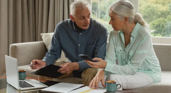 Older couple reviewing retirement finances on a laptop at home
