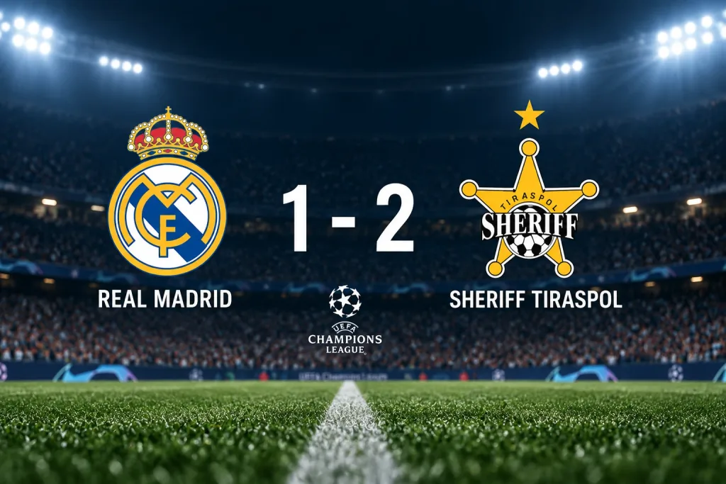 Sheriff Tiraspol’s historic 2–1 Champions League victory over Real Madrid, shown against a floodlit football stadium.