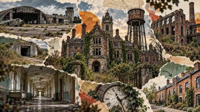 Editorial collage of abandoned buildings in Britain, featuring a Victorian asylum, military hangar, ruined factories, and derelict hospital corridor.