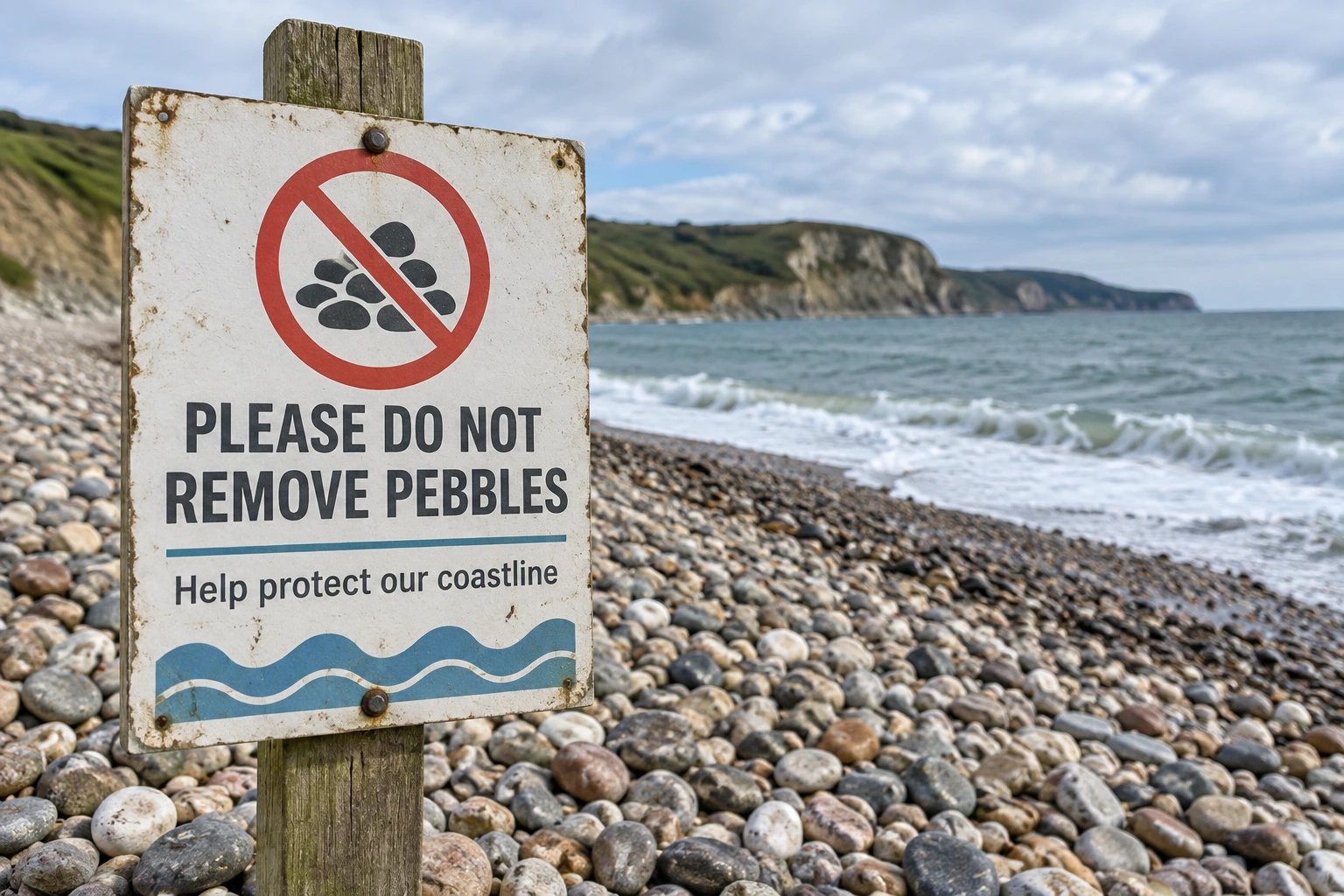 A sign on a shingle beach asking visitors not to remove pebbles from the shore