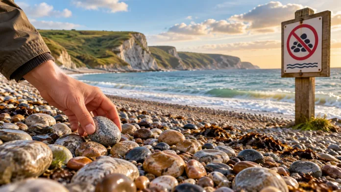 Hand picking up a pebble on a UK beach beside a sign warning visitors not to remove stones.