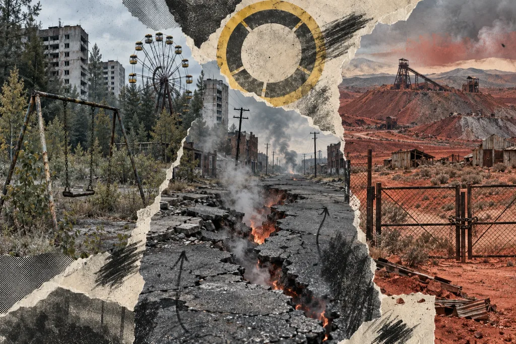 Collage of abandoned places made uninhabitable by contamination: Soviet-era tower blocks with a rusting ferris wheel, an empty swing set reclaimed by trees, a radiation trefoil, a cracked road venting smoke and fire from a burning coal seam below, and a red mining landscape with headframes behind a chained gate.
