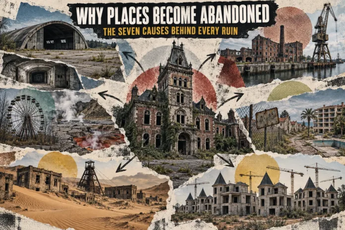 Featured collage for abandoned places: a derelict airfield hangar and bunker, a disused dockside mill with a crane, an ivy-covered Victorian institution at the centre, a fairground wheel beside contaminated ground, a desert mining town, a fenced-off resort, and an unfinished château development, with arrows connecting each to the centre.