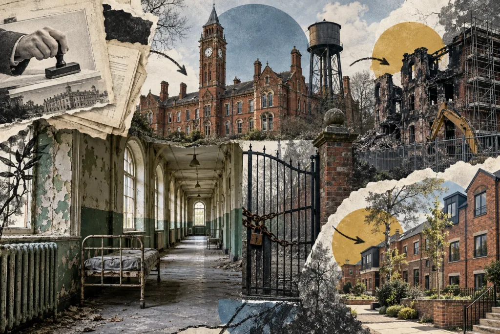 Collage of abandoned places left by the military: a chained perimeter fence, a derelict hangar and control tower on a cracked runway, a grassed-over hardened aircraft shelter, a jet in silhouette, and the lit interior of an underground Royal Observer Corps monitoring post reached by a rusted ladder.