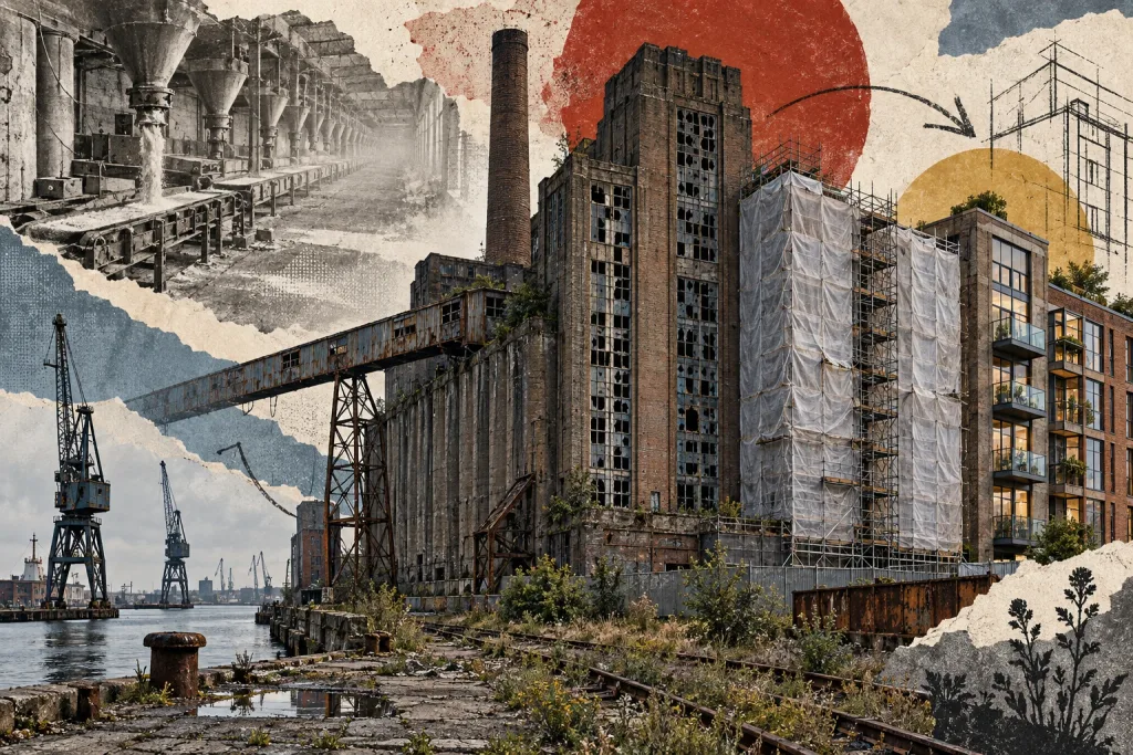 Collage of abandoned places made uninhabitable by contamination: Soviet-era tower blocks with a rusting ferris wheel, an empty swing set reclaimed by trees, a radiation trefoil, a cracked road venting smoke and fire from a burning coal seam below, and a red mining landscape with headframes behind a chained gate.