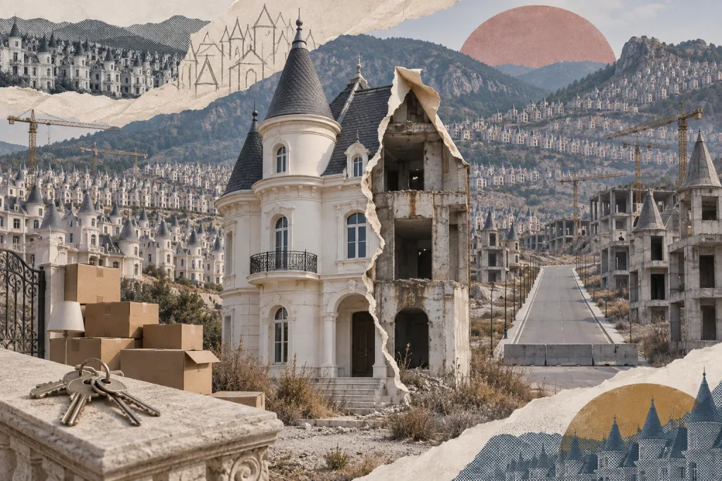 Collage of an abandoned development that was never occupied: hundreds of identical château-style villas in rows across a hillside, one finished and one left as bare concrete, idle construction cranes, an empty road, and a set of keys beside unopened moving boxes.