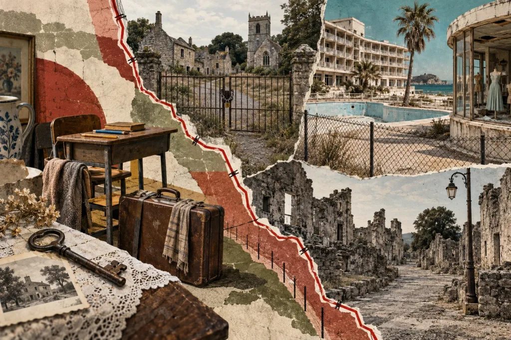 Collage of abandoned places made uninhabitable by contamination: Soviet-era tower blocks with a rusting ferris wheel, an empty swing set reclaimed by trees, a radiation trefoil, a cracked road venting smoke and fire from a burning coal seam below, and a red mining landscape with headframes behind a chained gate.