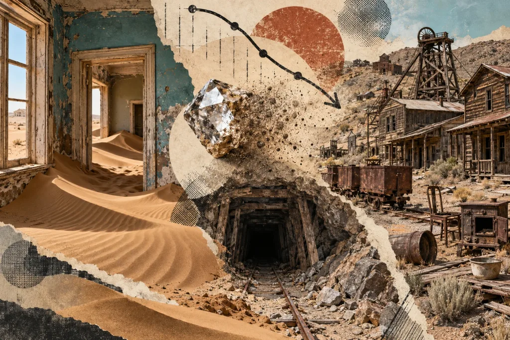 Collage of abandoned places left when a resource ran out: a room filled with drifted desert sand, a rough diamond, a timbered mine entrance with rusted ore carts on rails, and a wooden ghost town street beneath a mine headframe.