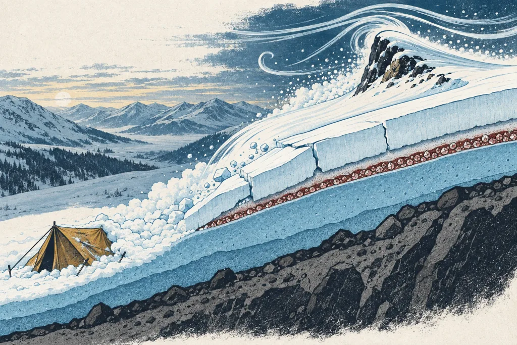 Doodle cutaway showing a delayed slab avalanche approaching the hikers’ tent during the Dyatlov Pass incident.