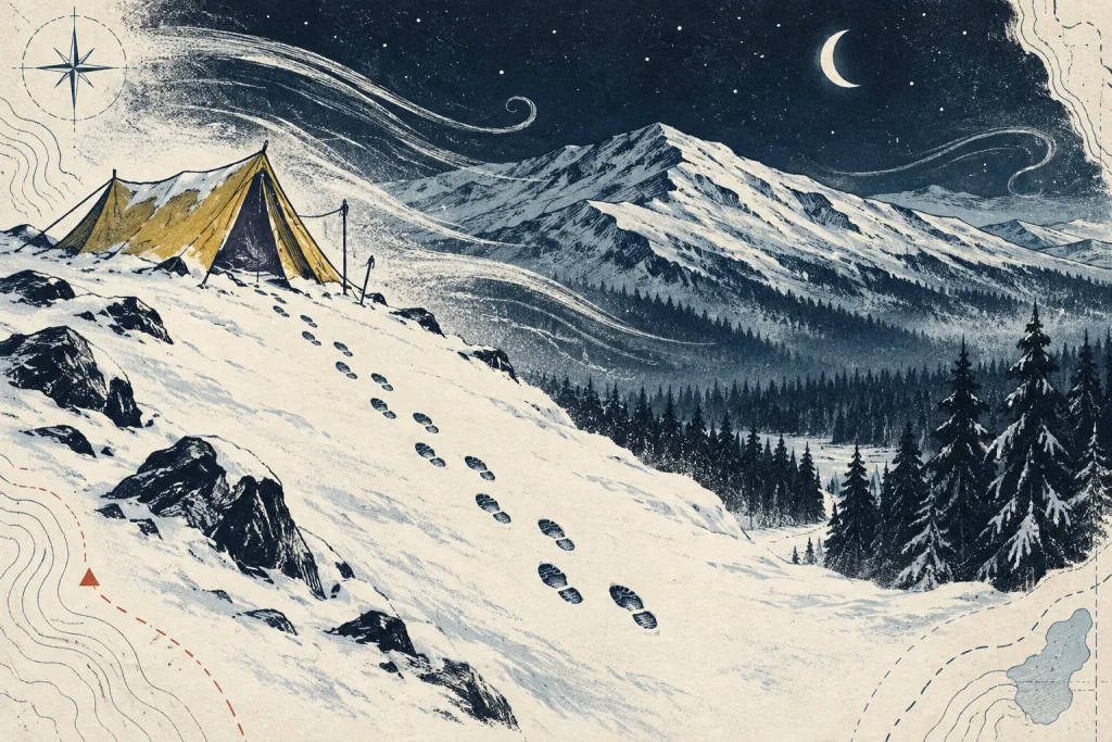 Doodle illustration of an abandoned tent and footprints crossing a snowy mountain during the Dyatlov Pass incident.