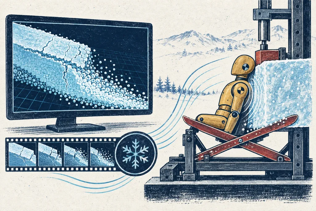Doodle illustration of snow simulation and impact testing used to explain injuries in the Dyatlov Pass incident.