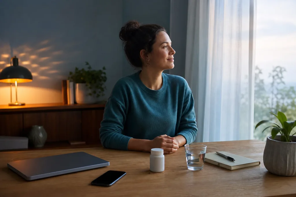 Nocebo effect awareness demonstrated by a woman stepping away from symptom searching and approaching her medication calmly.