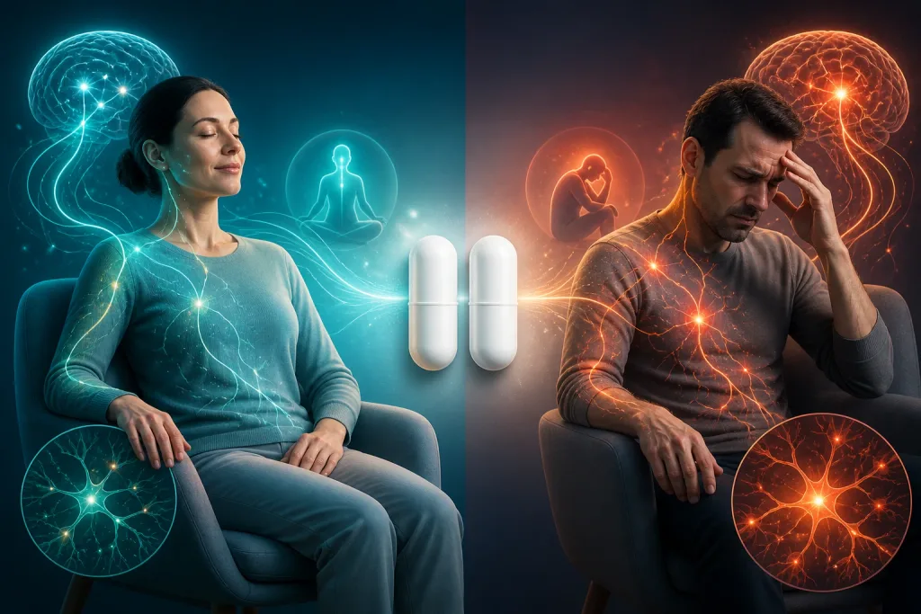 Nocebo effect comparison showing identical pills producing discomfort through negative expectations and relief through positive expectations.