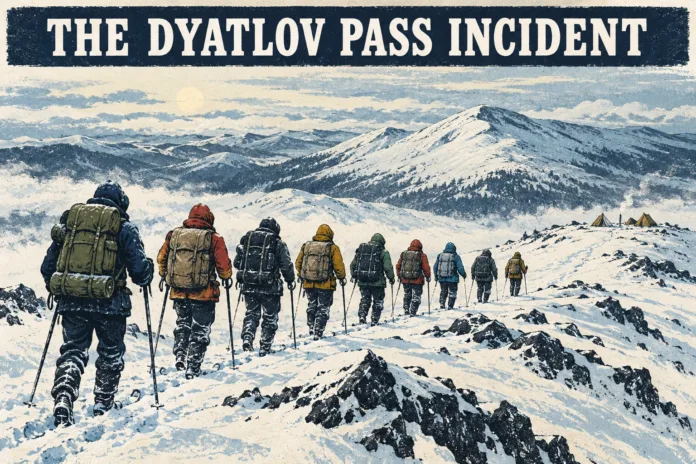 Doodle illustration of nine hikers crossing the snowy Ural Mountains during the Dyatlov Pass incident.