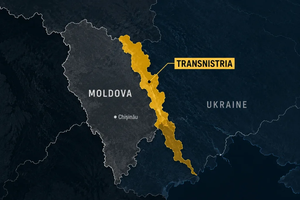 Map showing Transnistria as a narrow territory between Moldova and Ukraine, with Chișinău marked to the west.