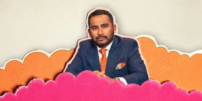Amol Rajan wearing a navy suit and orange tie in colourful promotional artwork for The Amol Rajan Connection Live.