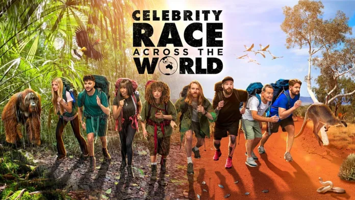 Celebrity Race Across the World 2026 | Official BBC Promotional Image Celebrity Race Across the World 2026 promotional poster showing eight contestants with backpacks travelling from a tropical rainforest towards the Australian outback.