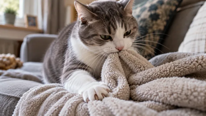 Grey and white tabby cat kneading a soft cream blanket with its paws while gently biting the fabric on a sofa.