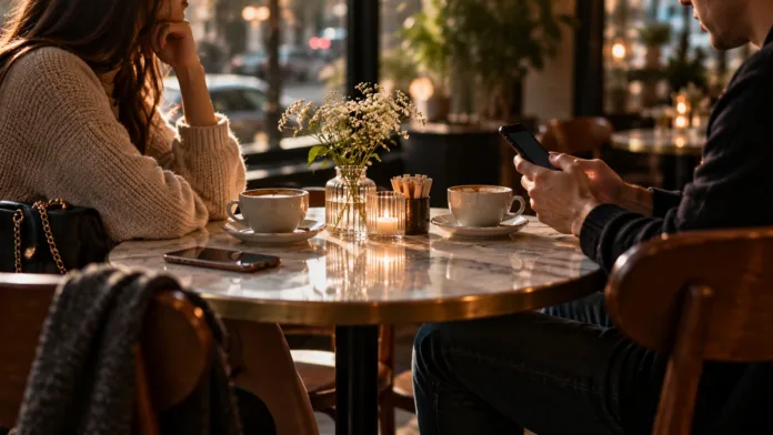Young couple sitting across from each other in a café while one checks a smartphone, reflecting the challenges of modern dating.