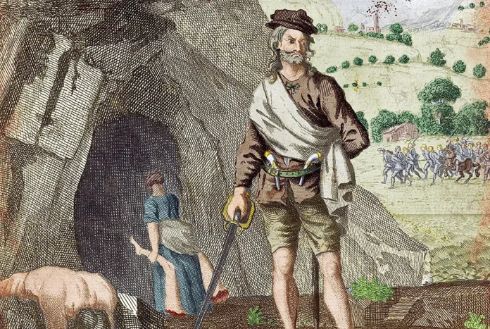 Historical illustration of Sawney Bean holding a sword outside a cave, with a woman at the entrance and armed men approaching in the background.