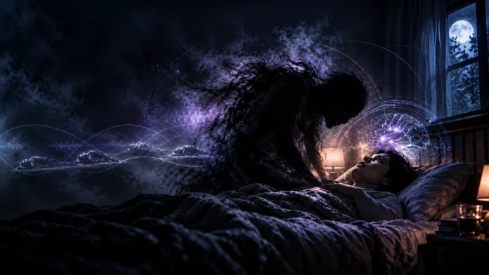 A shadowy sleep paralysis demon looms over a frightened woman lying awake in bed, with glowing brain imagery and sleep waveforms illustrating the hallucination.