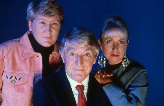 Ghostwatch 1992 BBC Presenters | Channel 5 Documentary Michael Parkinson, Craig Charles and Sarah Greene in a publicity photograph for the BBC's 1992 Ghostwatch drama.